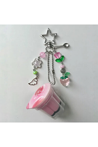 Choice pink Fashion Japanese Pudding Keychain, Pink Yellow Egg Flan Charm, Y2...