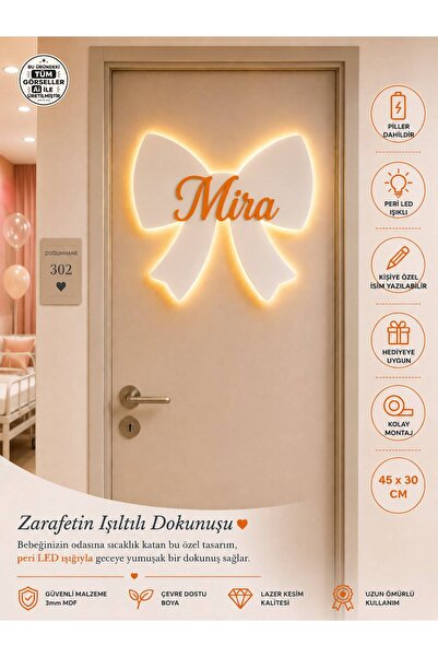 Windly Concept LED Işıklı Kişiye Özel Kurdele Kapı Süsü İsimli Bebek Odası De...