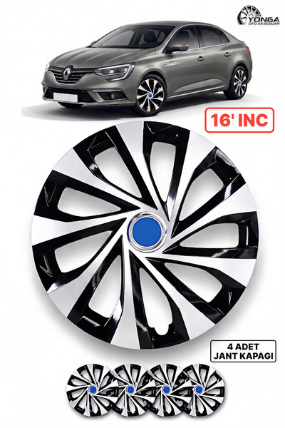 YONGA OTO AKSESUAR RENAULT MEGANE 16 İnç Jant Kapağı 4'lü Set Siyah Gümüş + 4...