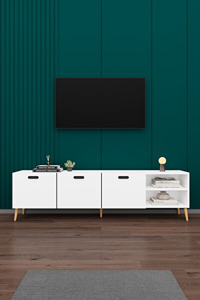 asratrend Modern TV Ünitesi %100 MDF Kapaklı Ahşap Ayaklı Televizyon Sehpası T18