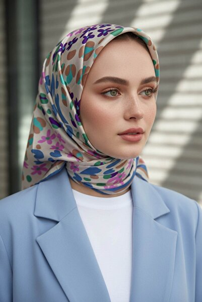 Vissona %100 Twill İpek Kalpli Leopar Desenli İndigo - Pembe Renkli 90x90 Eşa...