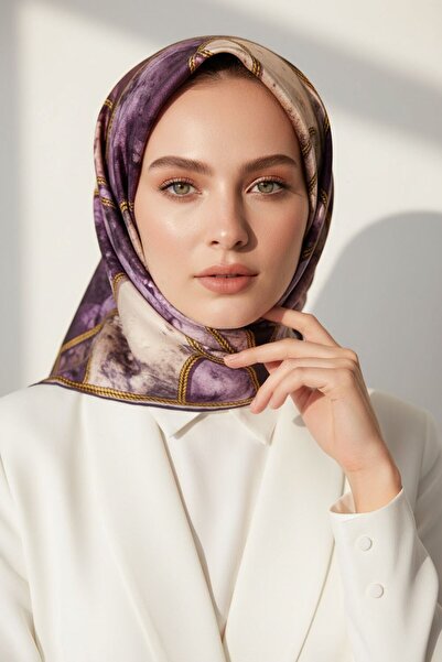 Vissona % 57 İPEK % 43 VİSKON Twill İpek Zincirli Mermer Desenli Mor - Pudra ...