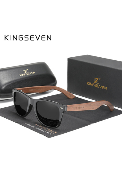 Choice5 نظارات شمسية رجالية من KINGSEVEN باللون الأسود، إطار خشبي مدمج من خشب...