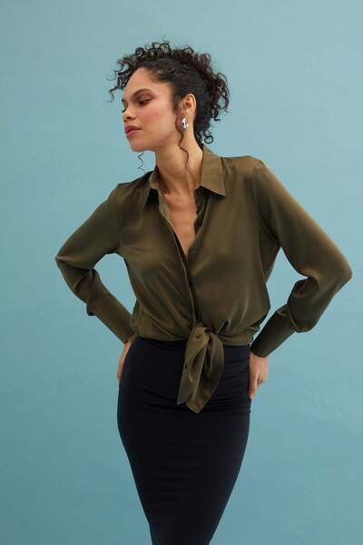 Silk and Cashmere Haki Saf İpek Audrey Uzun Kollu Gömlek