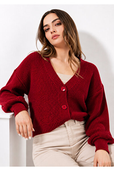 FLEX FASHION Kadın TREND crop POPÜLER ÖRGÜLÜ KISA triko Hırka BORDO