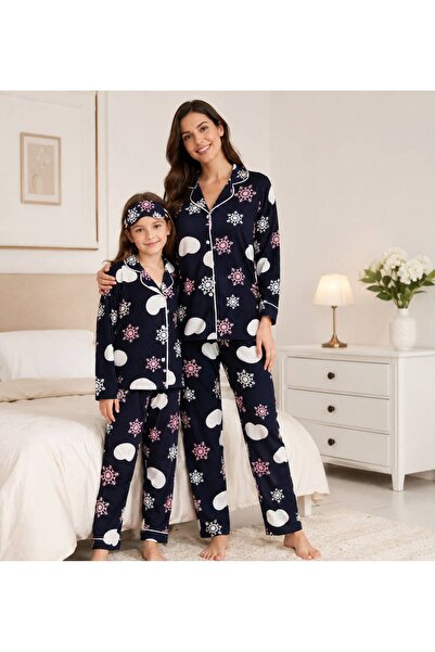 Fil Kids Mother-Daughter Pajamas Set Cotton Fabric Suede Navy Blue Heart Snow...