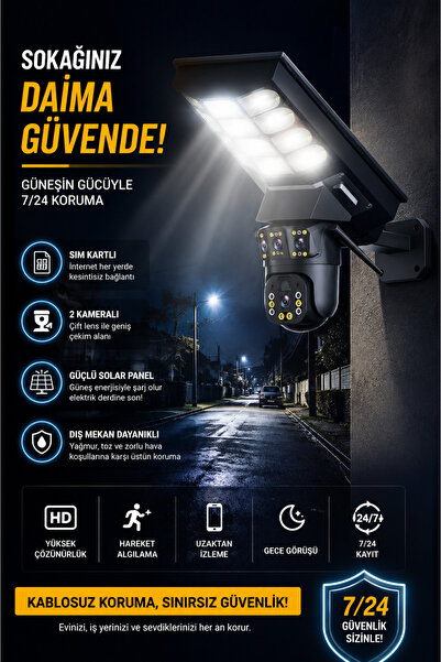 Venas 4G Sim kartlı 20 Watt Solar panelli Sokak aydınlatmalı Çift Kameralı Ça...