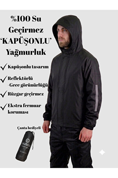 Kapşonlu Motorcu Yağmurluğu Su ve Rüzgar Geçirmez Reflektörlü