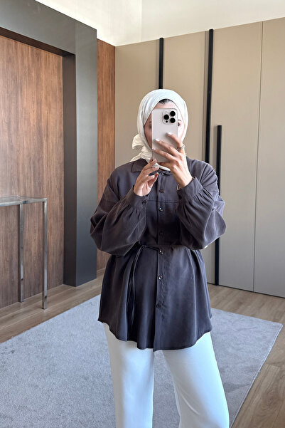 ensade Kadın Yazlık Kuşaklı Oversize Gömlek Uzun Kollu Düğmeli Tesettür Gömle...