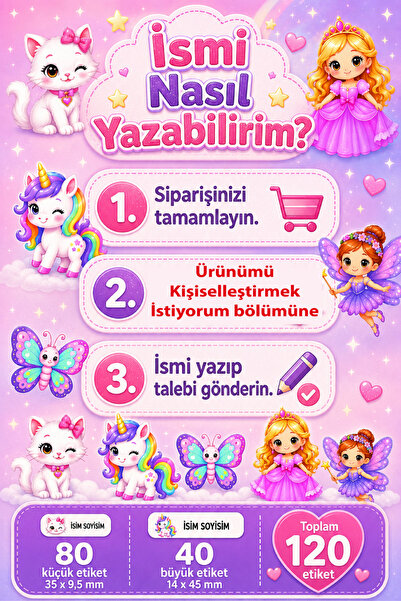 cabuk baskı Kız Çocuklara Özel 120 Adet İsime Özel Okul Etiketi Seti 5 Sevimli Temalı Defter Kitap ve Kalem Etiketi