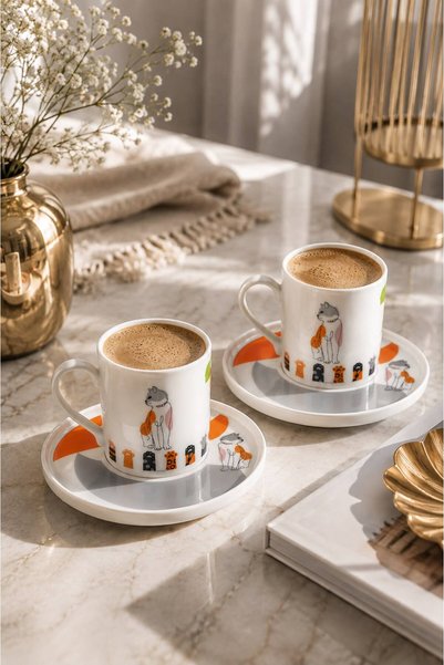 evinbizden Porcelain Cat Patterned Coffee Cup Set for 2 People, 4 Pieces, Popular Cat Model