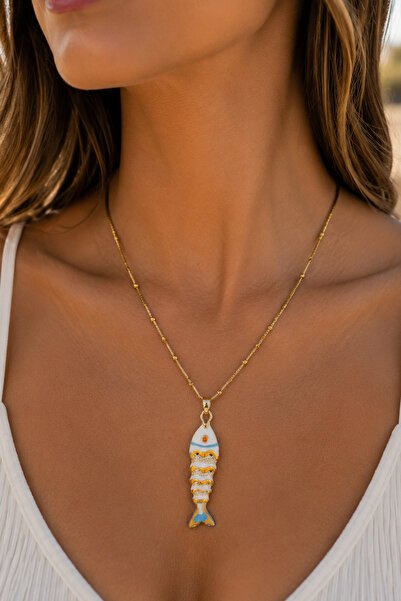 Modex Steel Ball Chain Yellow Enamel Fish Bone Necklace (45cm)