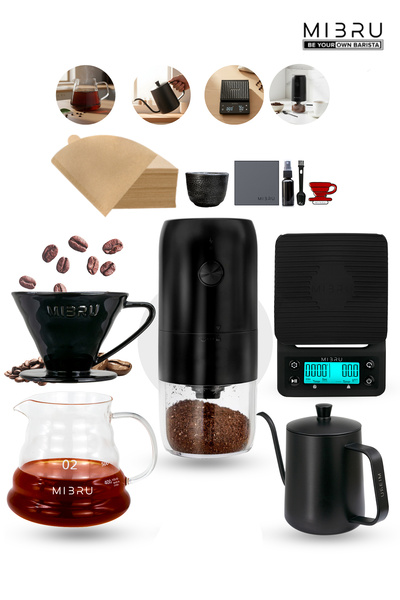 MIBRU مجموعة V60 Coffee Pour Over 09 تتضمن فلترًا وملحقات مميزة مع مطحنة كهرب...