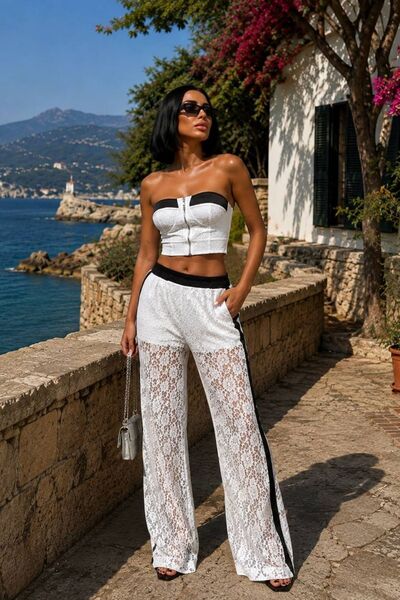 Tayt Factory Zipper Detailed Crop Lace Trousers Set