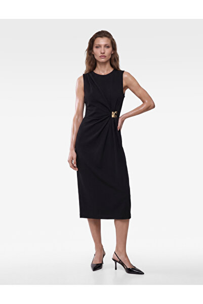 Koton Crepe Fabric Metal Accessory Detailed Draped Sleeveless Crew Neck Long ...