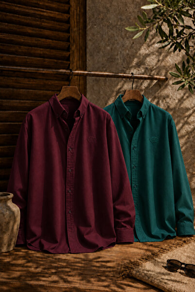 Respire Men's Minimal Printed Oversize Textured Shirt Set of 2 Burgundy-Emerald
