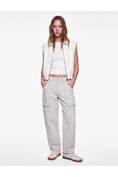Koton Low Waist Stitched Detail Cotton Pocket Regular Leg Baggy Trousers - Ba...