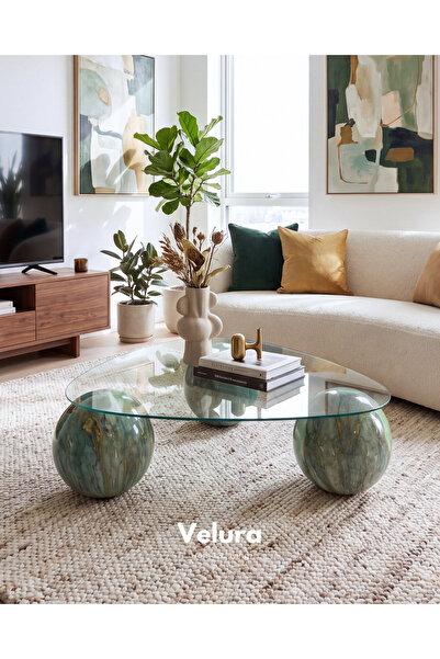 Velura Home & Living Jungle Top Sehpa & Küre Cam Orta Sehpa - Jungle Traverte...