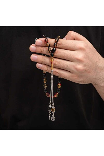 Inure Jewelry Ασημένια φούντα που σφίγγει κεχριμπαρένιο ροζάριο