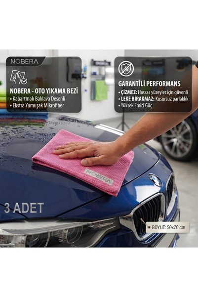 Nobera 3'lü Set 50x70 cm Oto Mikrofiber Bez - Kaporta Çizmez, Cam ve Boya Dos...
