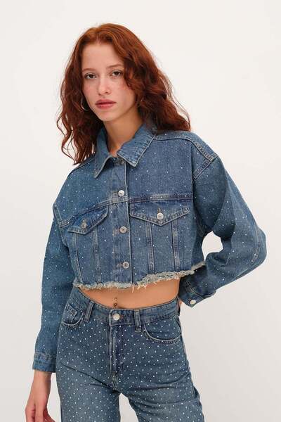 Addax Taşlı Crop Denim Ceket C5017-1