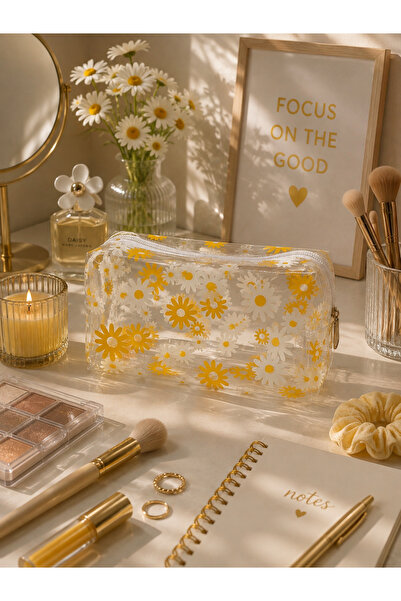 UCCELLO Transparent Yellow Daisy Pattern Makeup Bag White Zipper Cosmetic Bag...