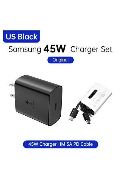 Samsung شاحن سريع جداً أسود 45 واط أمريكي مع كابل PD أصلي USB نوع C سلكي 25 و...