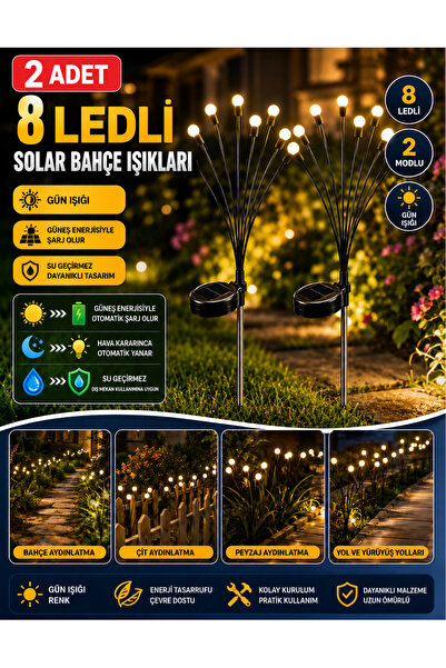 Unichrome 2 Adet 8 Ledli Solar Bahçe Işıkları Gün Işıgı Dış Mekan Peyzaj 2 Mo...