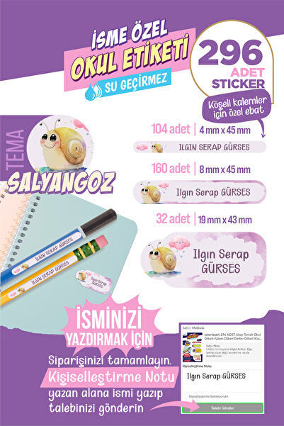 colortouch 296 ADET Salyangoz Temalı Okul Etiketi Sticker Kalem Etiketi Defte...