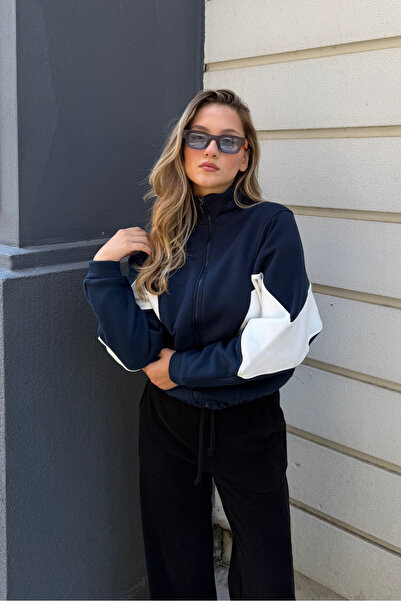 macharel jeans Navy Blue Stand Collar - Sweat Cardigan with Pockets and Zipper