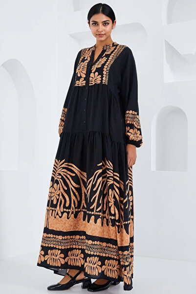 Merterium Women's Patterned Hijab Dress Black Mink 1010