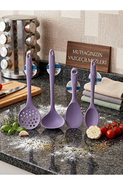 lucci Set of 4 Silicone Ladles - Frying Colander - Deep Spoon - Rice Spoon