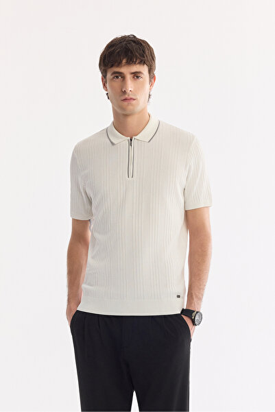 Avva Men's Ecru Polo Collar Zippered Easy-Ironing Wrinkle-Resistant Regular F...