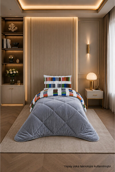ÇARŞAF DÜNYASI Colorful Patterned Single Duvet with Plush Double-Sided Pillow...