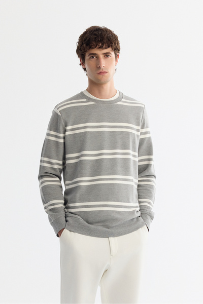 Avva Men's Gray Crew Neck Striped Elastane Regular Fit Sweatshirt A42Y1292
