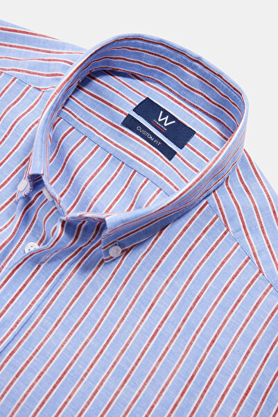 W Collection MAVİ UZUN KOLLU ÇİZGİLİ PAMUK/KETEN GÖMLEK