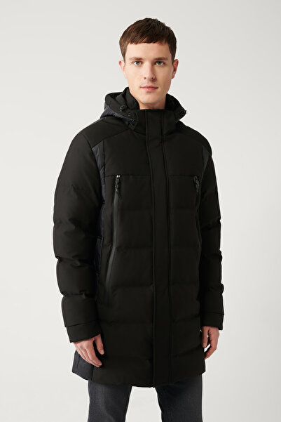 Avva Men's Black Hooded Goose down Filled Water Repellent Fabric Coat A32Y6044
