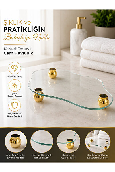 Meralles Gold Ayaklı Cam Sunum Tepsisi Bulut Modeli | Dekoratif Servis Tepsis...
