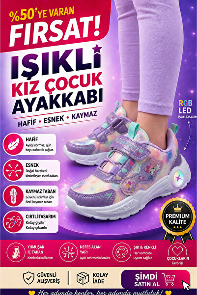 Kid's World Kız Çocuk Işıklı Spor Ayakkabı Cırtlı – Hafif Esnek Kaymaz Taban ...