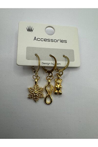 Herşey Nota 3-Piece Women's Earring Set with Gold Color Snowflake, Infinity a...