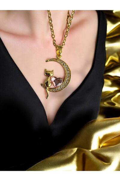Herşey Nota Pink Stone Cat Figured Women's Necklace – Gold Color Stainless St...