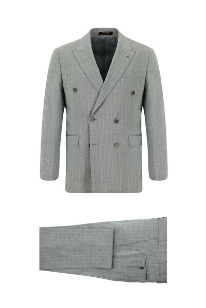 Abdullah Kiğılı 7 Drop Super Slim Fit Eksra Dar Kesim Keten Çizgili Kruvaze T...