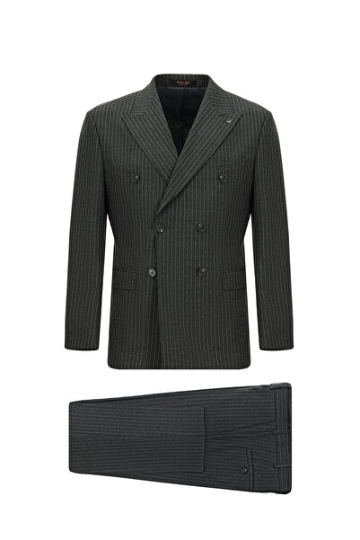 Abdullah Kiğılı 7 Drop Slim Fit Dar Kesim Yünlü Çizgili Kruvaze Takım Elbise
