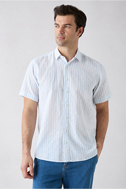 Kiğılı Short Sleeve Regular Fit Cotton Linen Striped Shirt