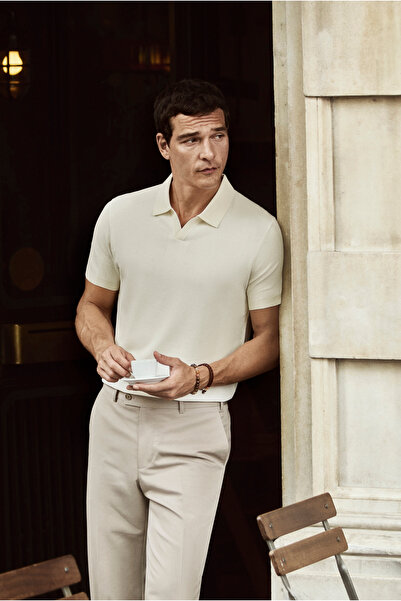 Kiğılı Buttonless Polo Collar Regular Fit Patterned Knitted T-Shirt