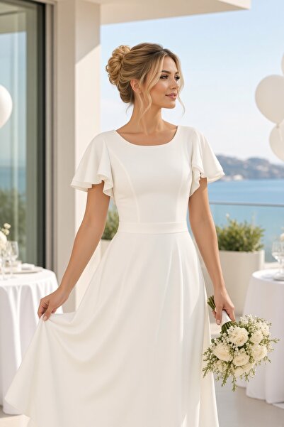 FaBe Fashion KAYIK YAKA KOLLARI VOLANLI SIRTI V MİDİ KREP ELBİSE Nikah-nişan-...