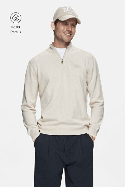 UCLA Fred White Half Zipper Stand Collar Brodat Standard Fit Pulovere pentru ...