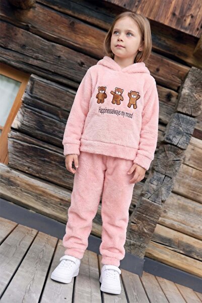 Fulla Moda Teddy Bear Embroidered Hooded Plush Girls' 2-Piece Set