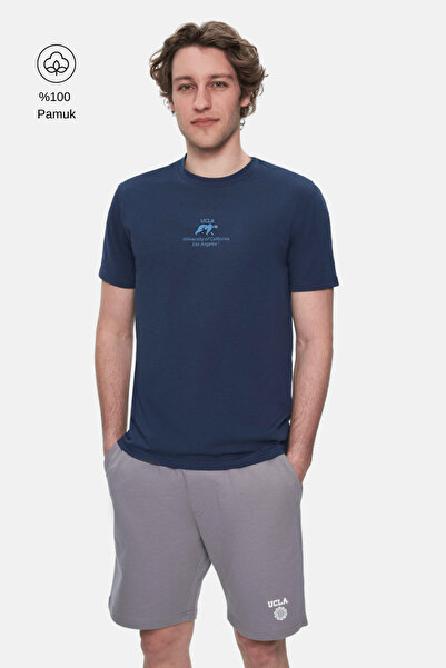 UCLA FABIO Lacivert Bisiklet Yaka Baskılı %100 Pamuk Standard Fit Erkek Tshirt