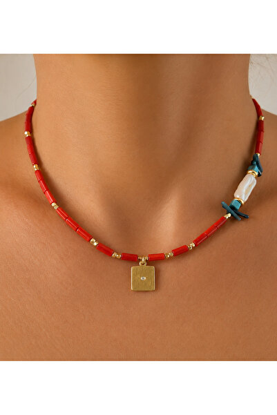 tones official Red Coral/Real Baroque Pearl/Design-Natural Stone Necklace wit...
